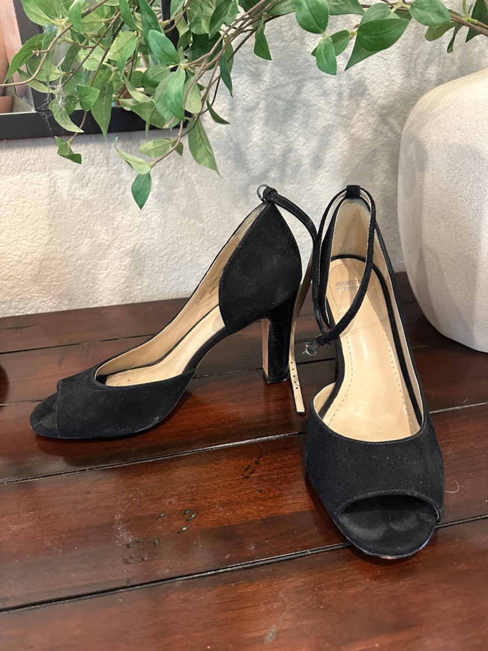 Johnston & Murphy Black Suede Peep-Toe Heels with Ankle Strap
